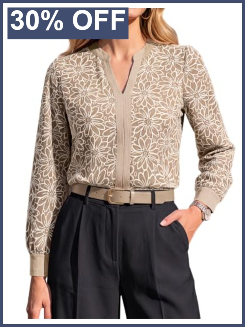 Womens Long Sleeve Floral Blouse Dressy Casual Business Notch V-Neck Pullover